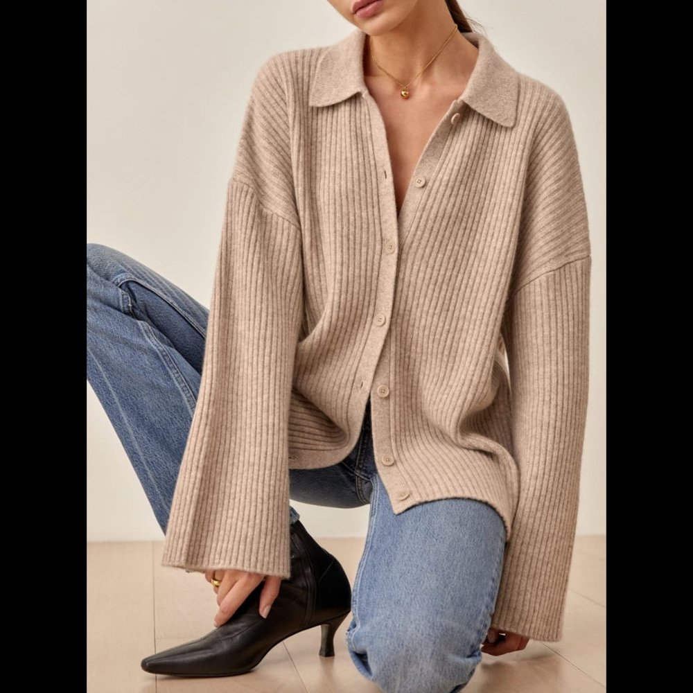 Reformation Fantino Cashmere Collar Cardigan in Oatmeal